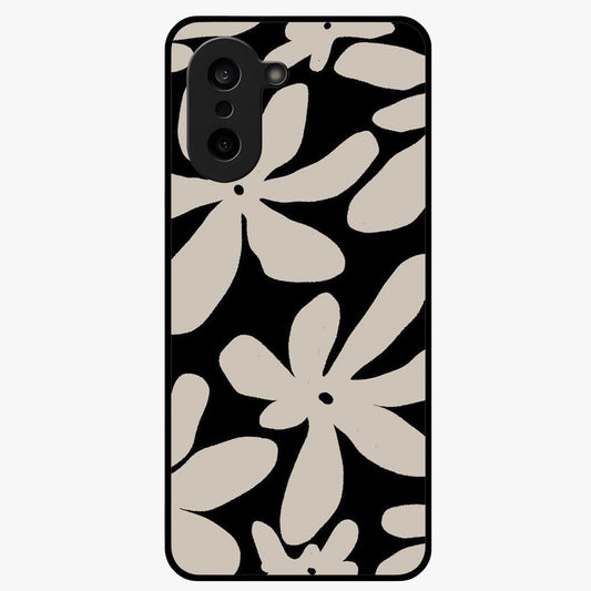 Monochrome Petal Dance Glass Case for 1+Nord Ce 5 artistic front view featuring black and white floral artwork
