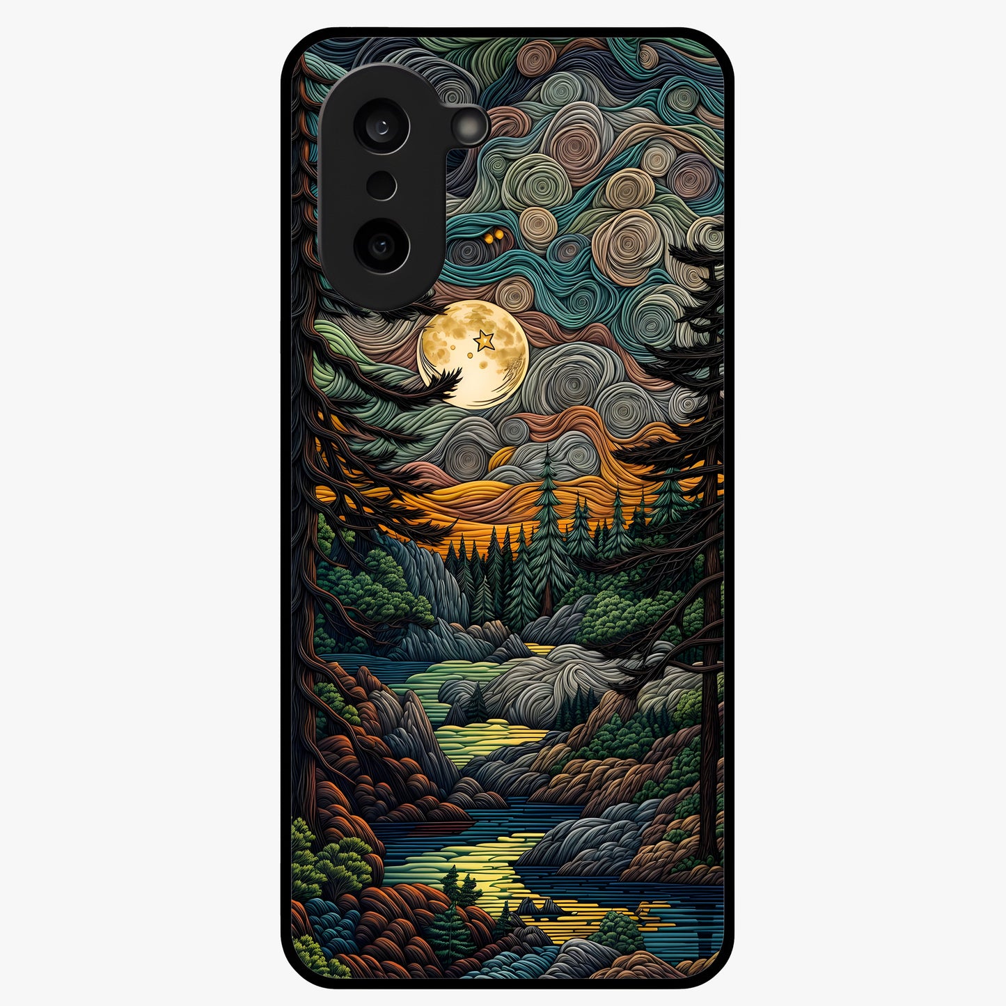 Moonlight Forest Dream Glass Case for 1+Nord CE 5 dreamy front view featuring forest artwork under glowing moonlight