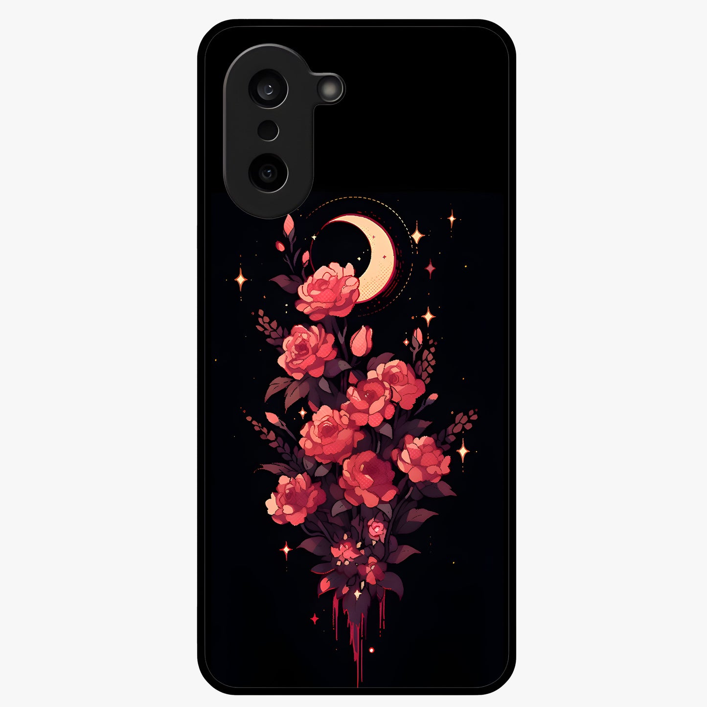 Moonlit Floral Elegance Glass Case for 1+Nord CE 5 graceful front view featuring sophisticated floral artwork on dark backdrop