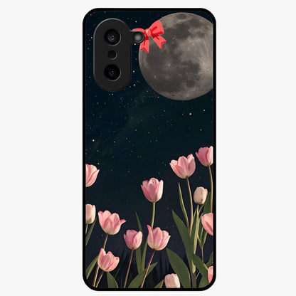 Moonlit Night Tulip Glass Case for 1+Nord Ce 5 serene front view featuring tulip floral artwork in midnight tones