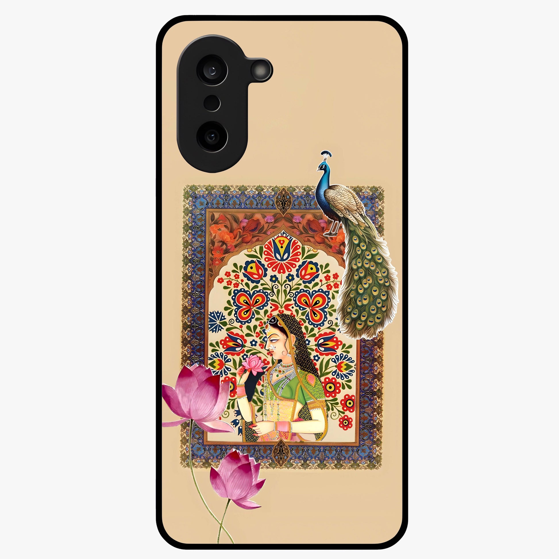 Mughal Princess and Peacock Glass Case for 1+Nord CE 5 royal front view featuring intricate princess and peacock artwork