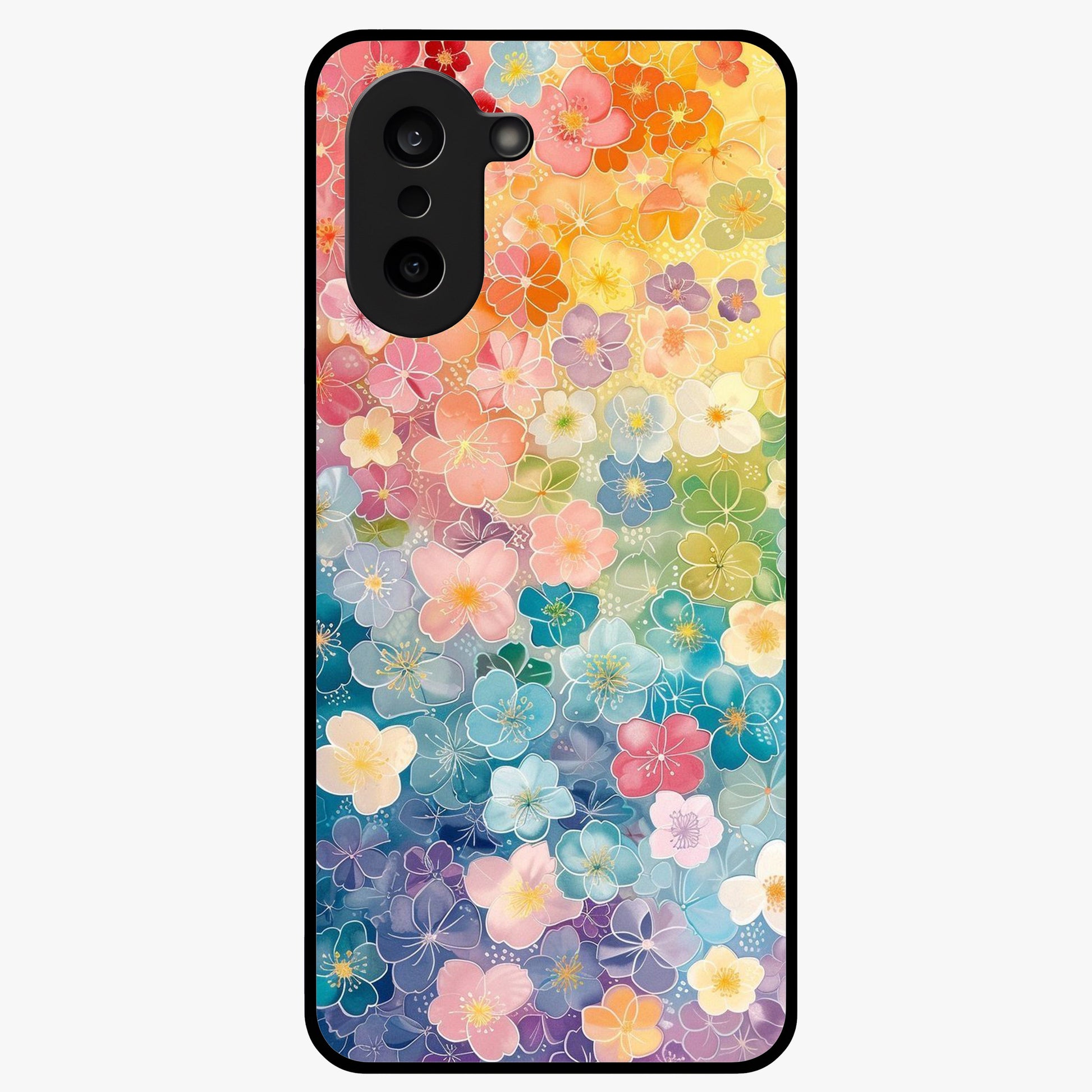 Multiple Background With Flower Glass Case for 1+Nord CE 5 vibrant front view featuring layered floral artwork on mixed backgrounds