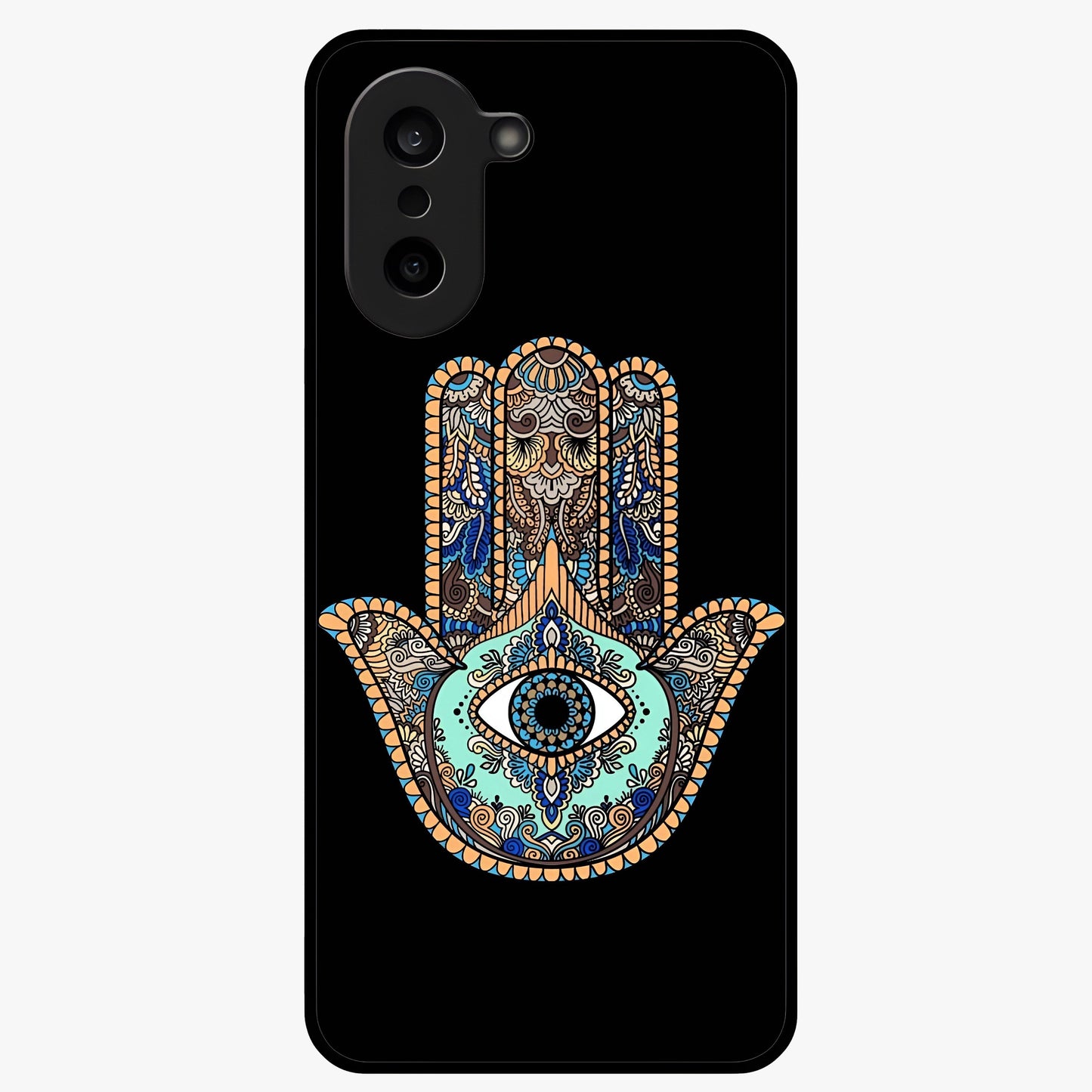 Mystic Hamsa Eye Glass Case for 1+Nord CE 5 symbolic front view featuring traditional hamsa eye artwork