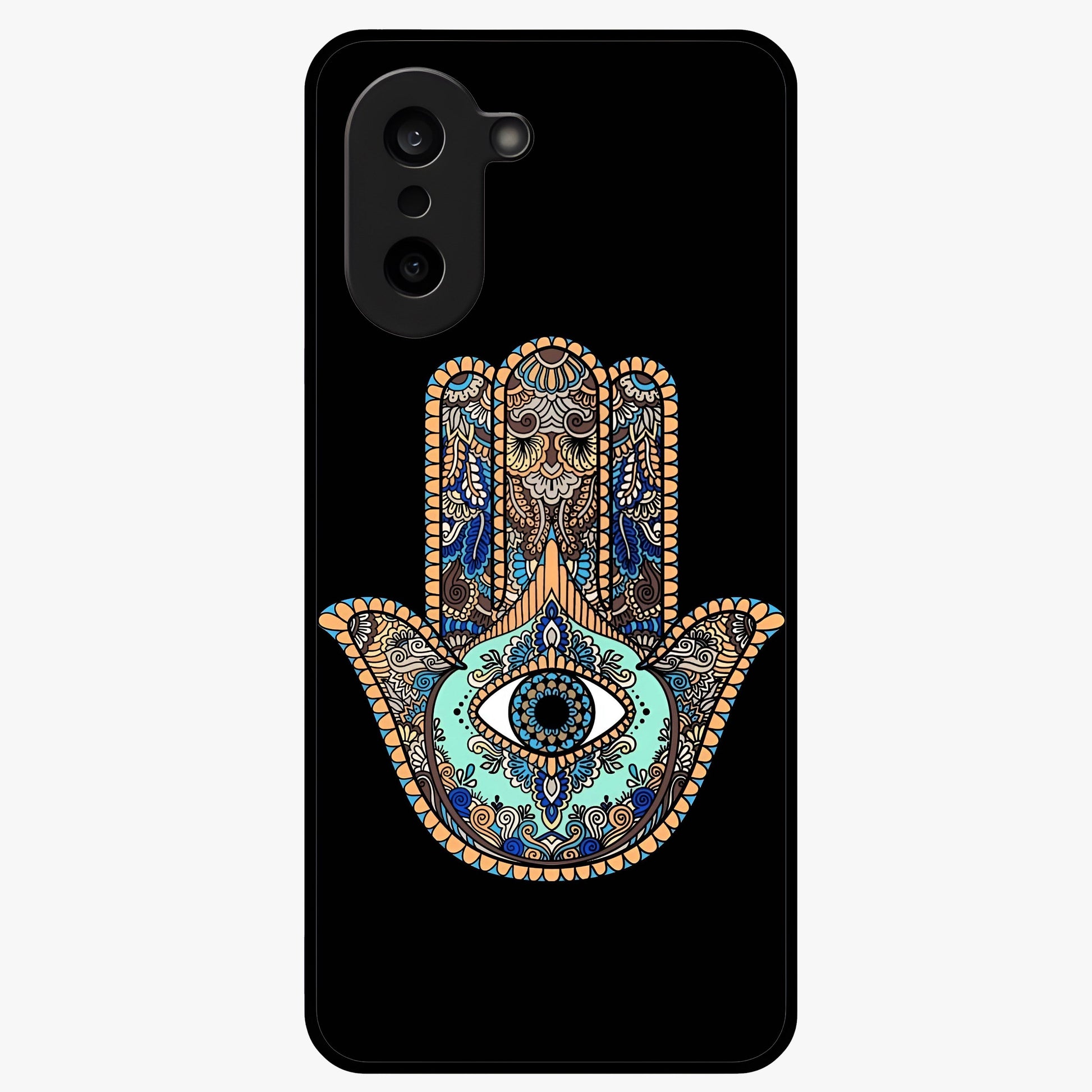 Mystic Hamsa Eye Glass Case for 1+Nord CE 5 symbolic front view featuring traditional hamsa eye artwork