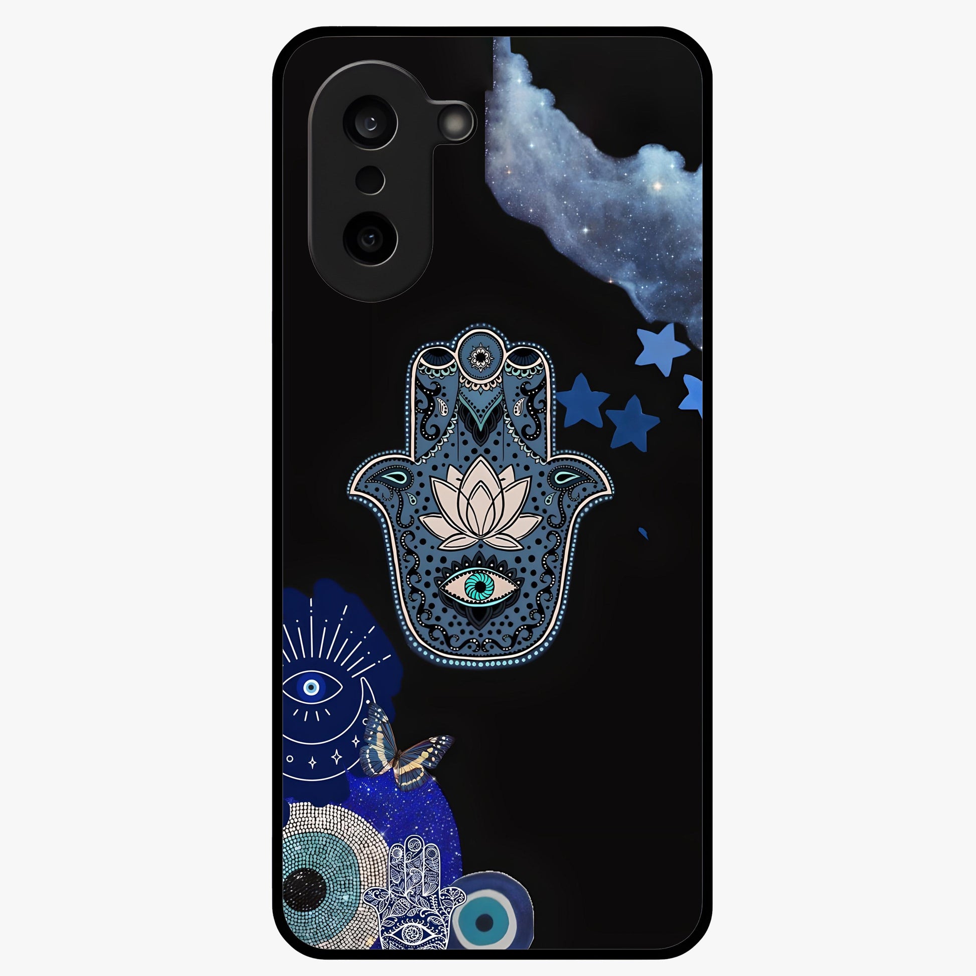 Mystic Hand Aura Glass Case for 1+Nord CE 5 artistic front view featuring hand symbol artwork with glowing aura tones