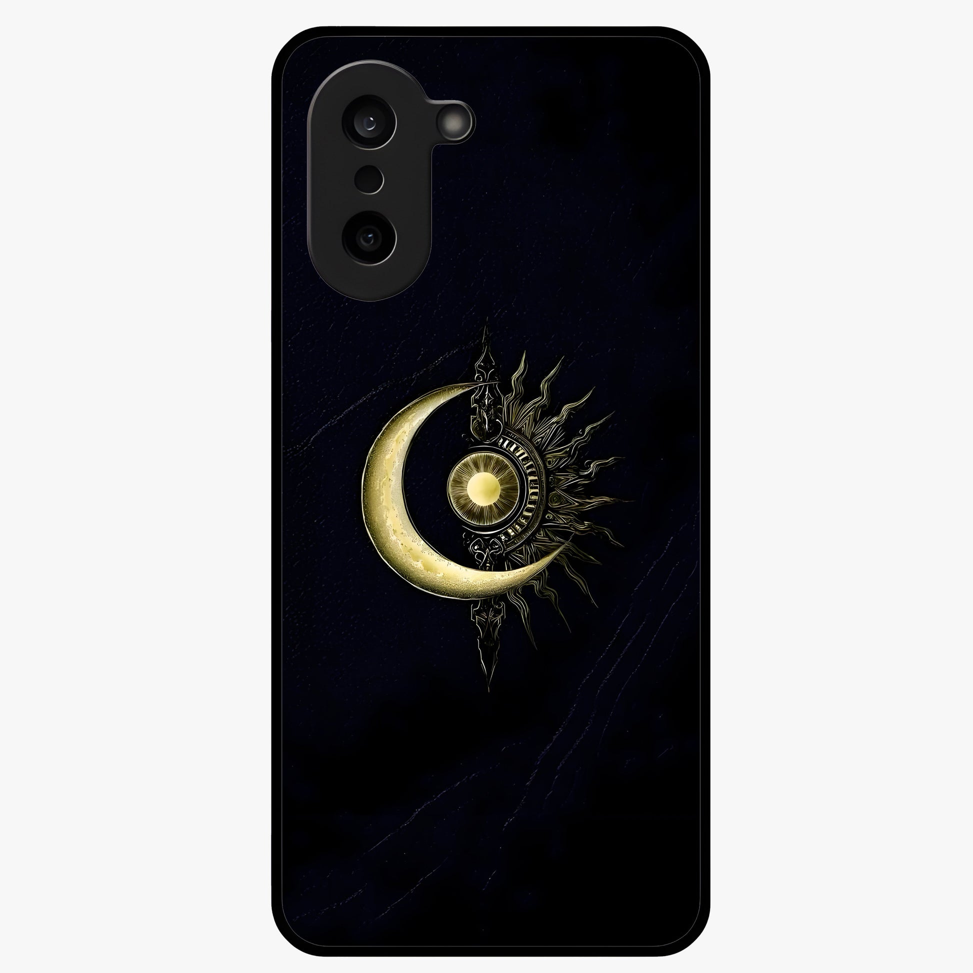 Mystic Lunar Flame Glass Case for 1+Nord CE 5 striking front view featuring moon and flame inspired artwork