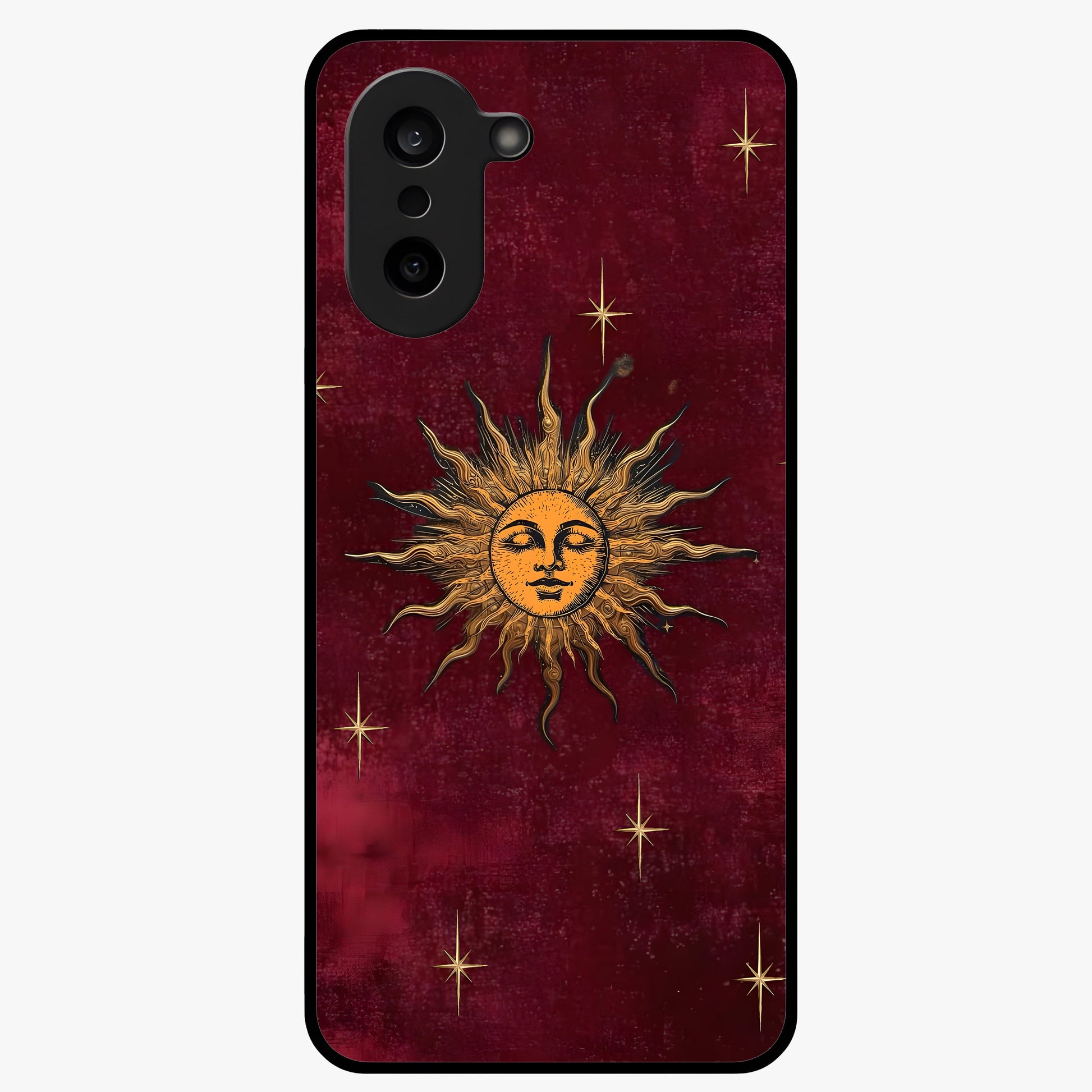 Mystic Solar Glow Glass Case for 1+Nord Ce 5 radiant front view featuring glowing sun inspired mystical artwork