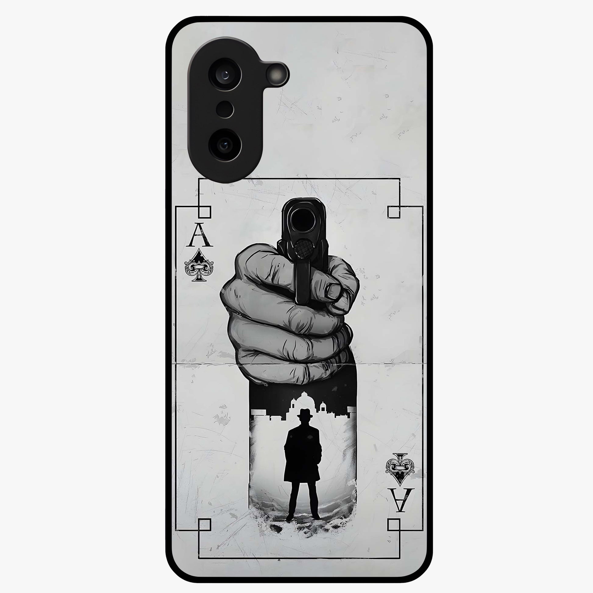 Noir Trigger Fate Glass Case for 1+Nord CE 5 dramatic front view featuring bold noir themed artistic artwork