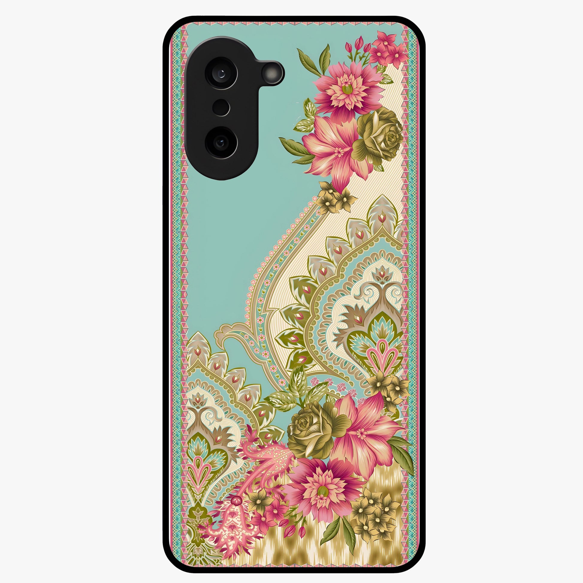 Ornate Mughal Floral Pattern Glass Case for 1+Nord CE 5 royal front view featuring intricate Mughal inspired floral artwork