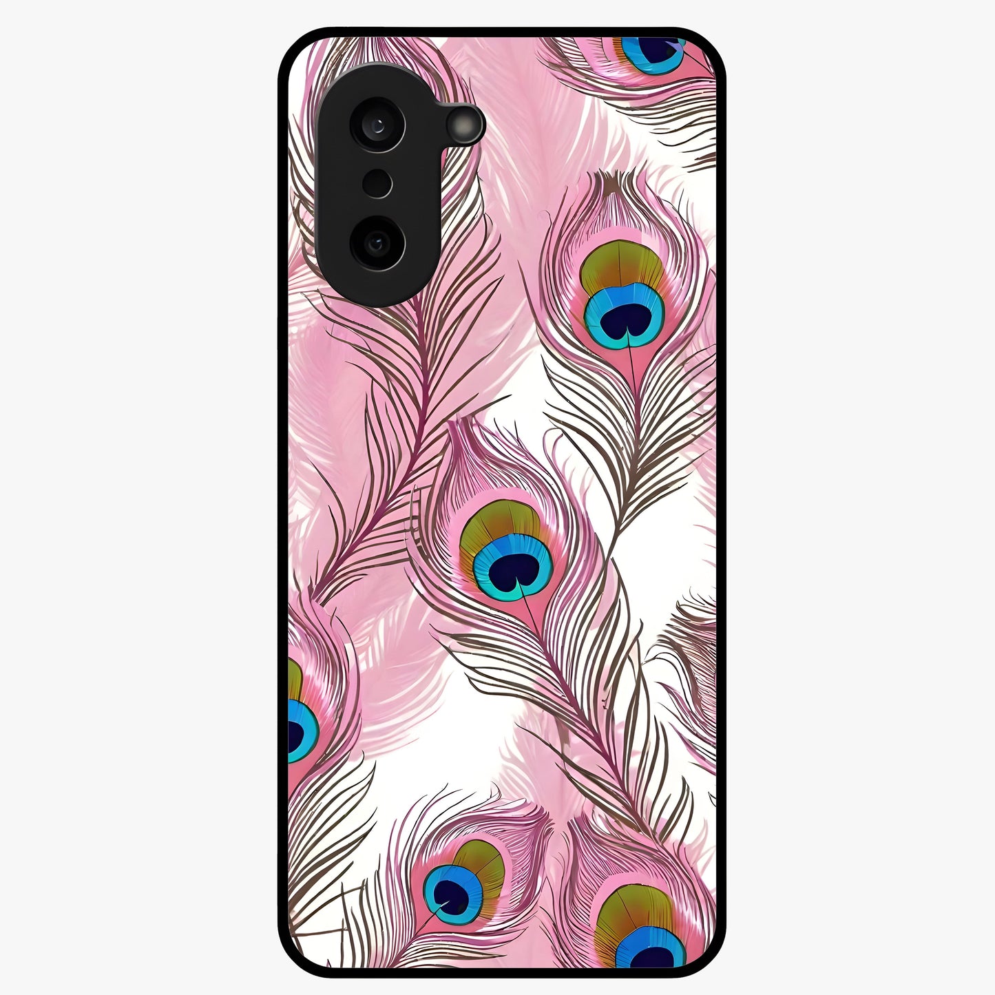 Peacock Feathers Floating Glass Case for 1+Nord CE 5 artistic front view featuring floating feather artwork with rich colors