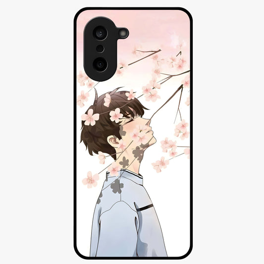 Pink Blossom Boy Glass Case for 1+Nord Ce 5 aesthetic front view featuring illustrated character with pink floral accents