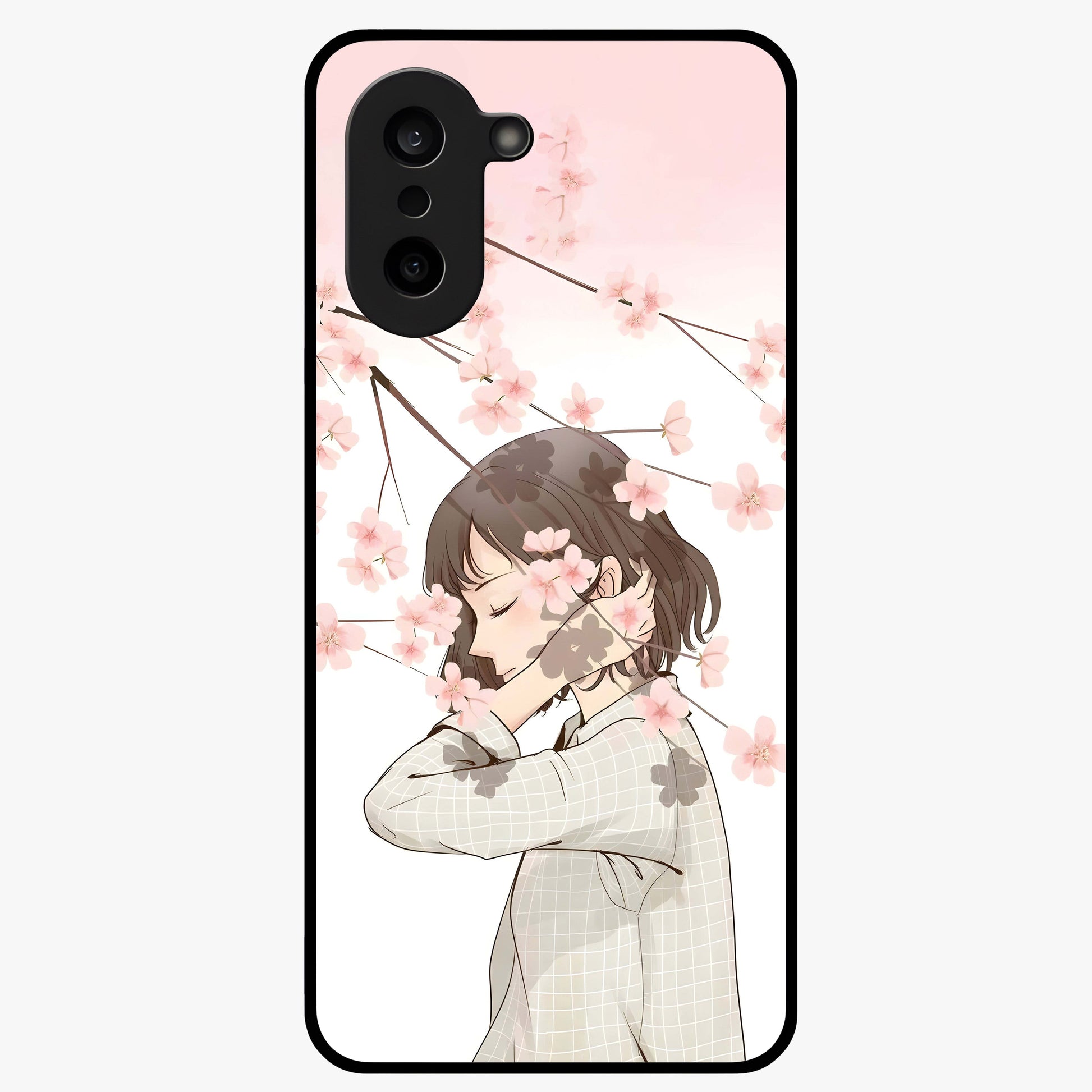 Pink Blossom Girl Glass Case for 1+Nord CE 5 charming front view featuring illustrated girl with pink blossom artwork