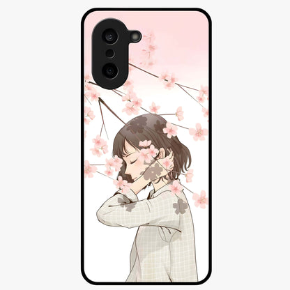 Pink Blossom Girl Glass Case for 1+Nord CE 5 charming front view featuring illustrated girl with pink blossom artwork