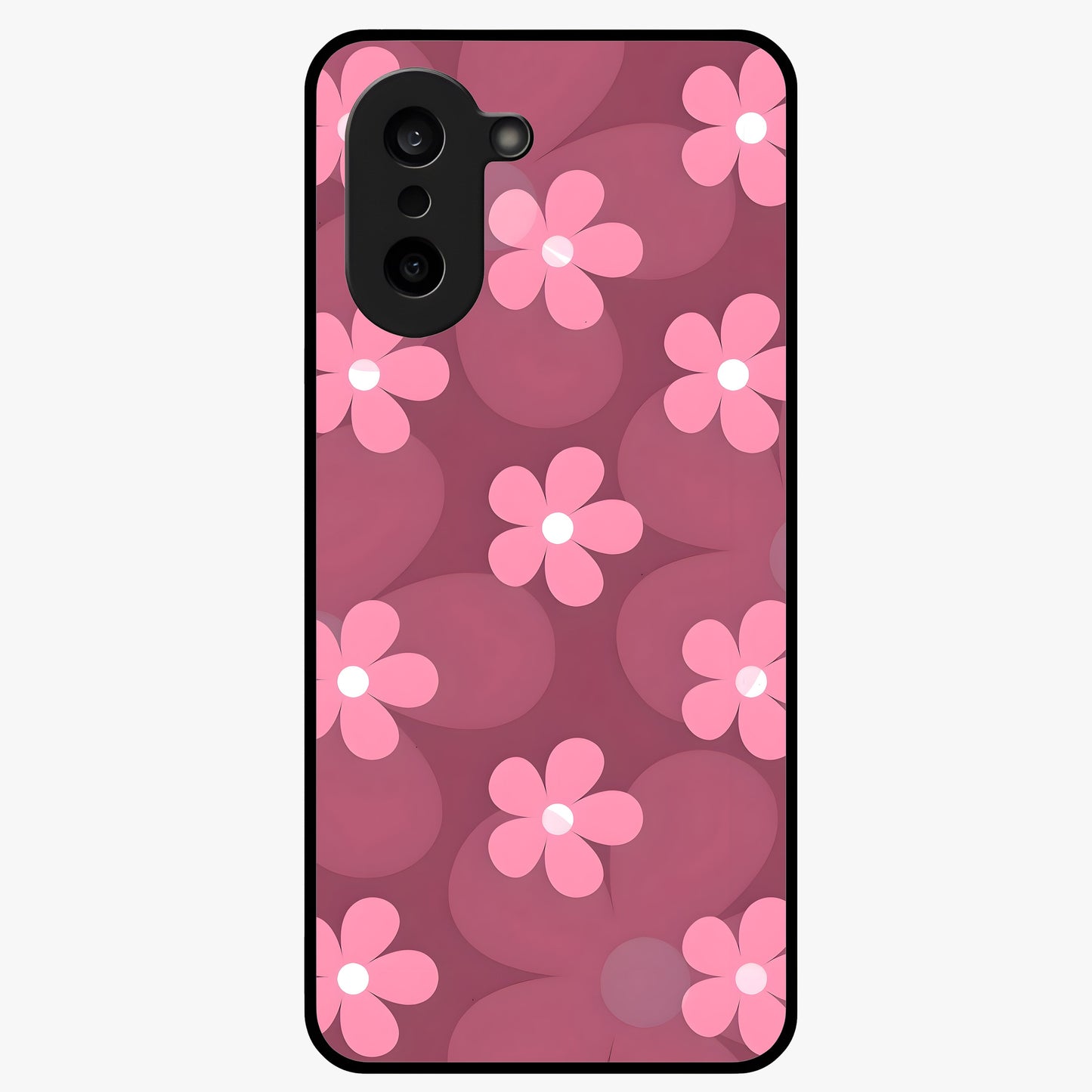 Pink Daisy Flower Pattern Glass Case for 1+Nord Ce 5 cheerful front view featuring daisy floral artwork in pink tones