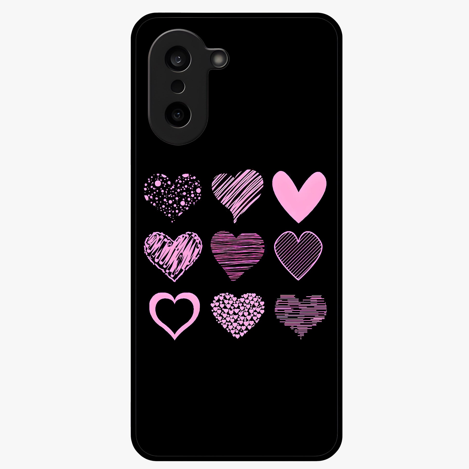 Pink Heart Aesthetic Glass Case for 1+Nord CE 5 cute front view featuring minimal heart artwork in soft pink tones