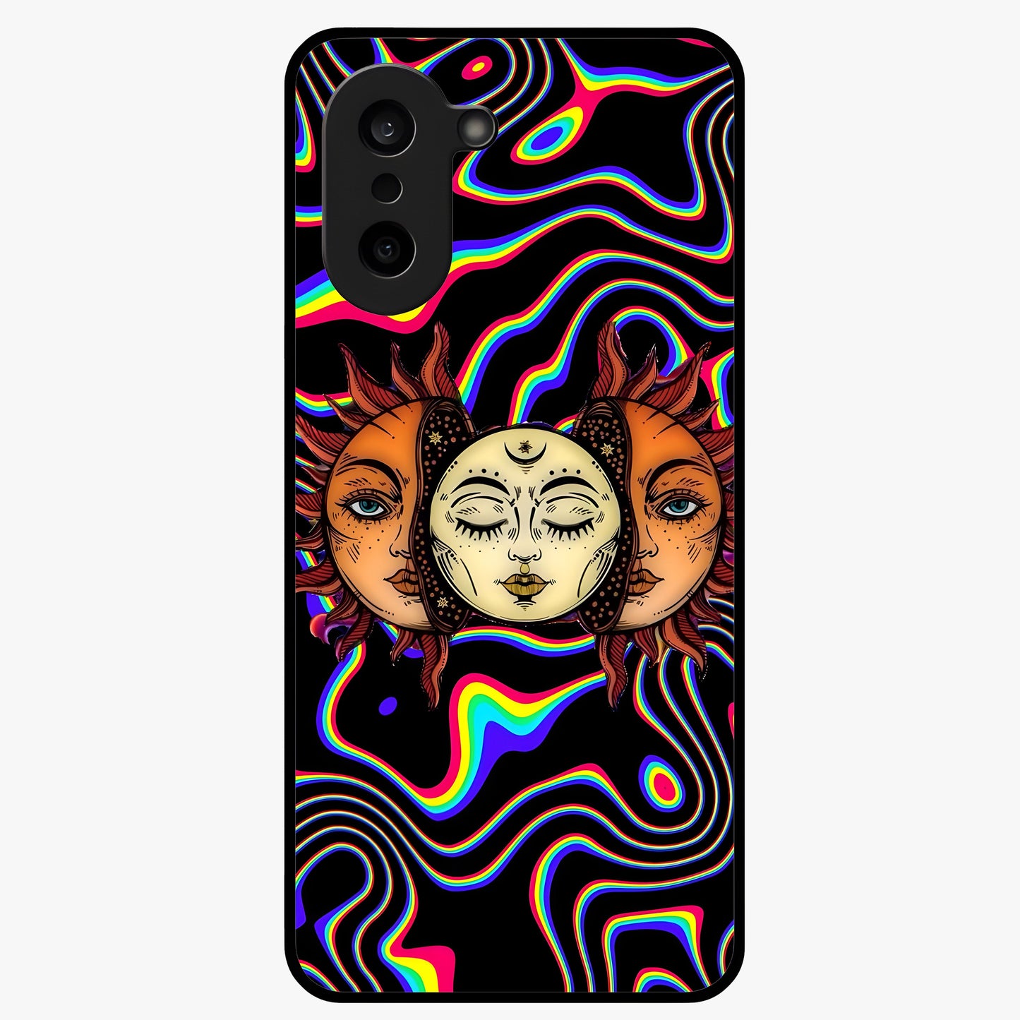 Psychedelic Sun Glass Case for 1+Nord CE 5 artistic front view featuring vibrant sun artwork in psychedelic colors