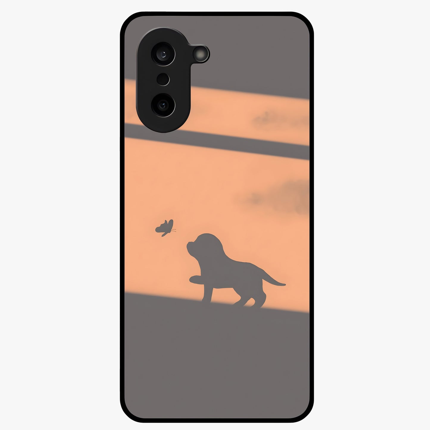 Puppy Shadow Art Glass Case for 1+Nord Ce 5 charming front view featuring artistic puppy silhouette artwork
