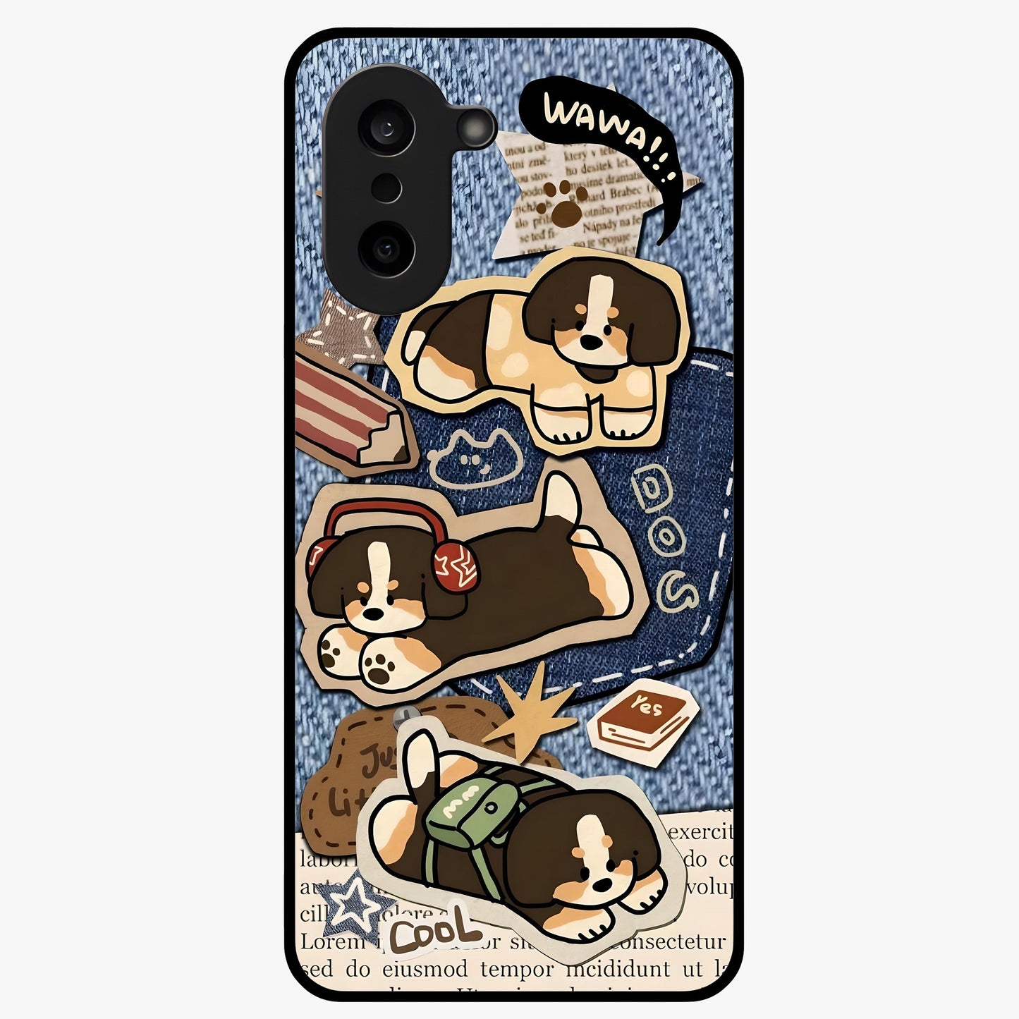 Puppy Sticker Parade Glass Case for 1+Nord CE 5 playful front view featuring multiple puppy sticker style artwork