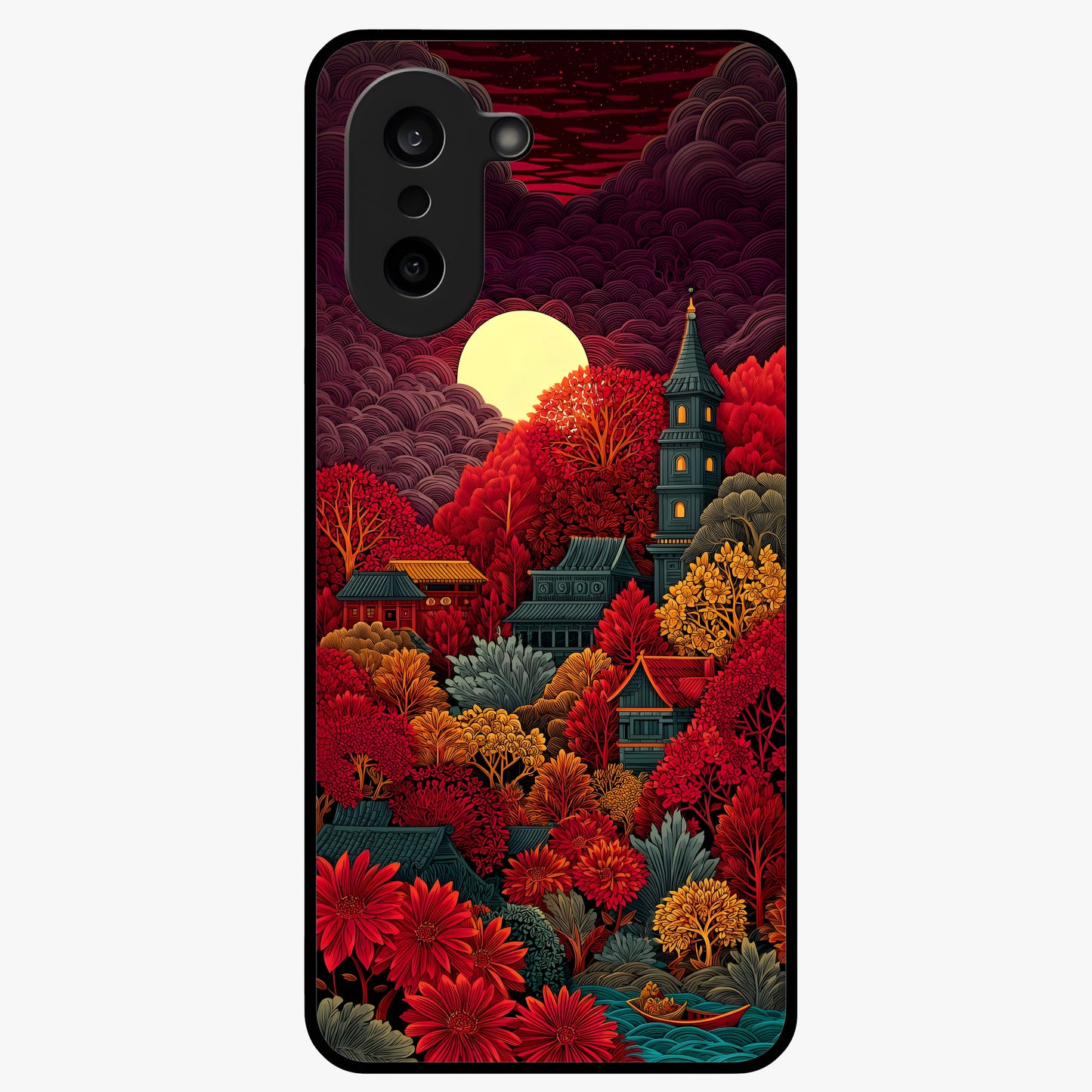 Red Scenery Hot Glass Case for 1+Nord CE 5 dramatic front view featuring bold red landscape artwork