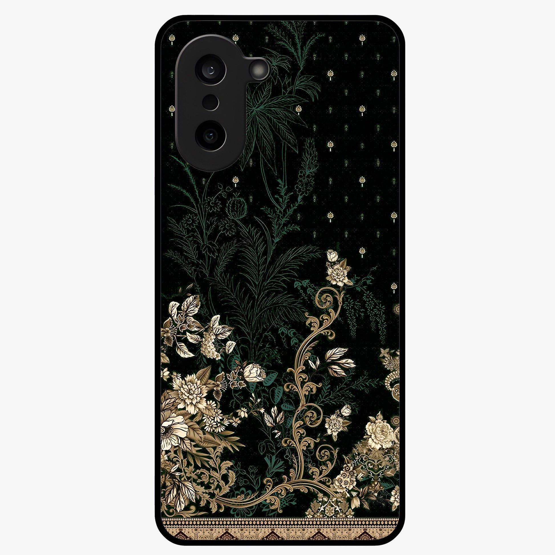 Regal Botanical Tapestry Glass Case for 1+Nord Ce 5 luxurious front view featuring intricate botanical tapestry artwork