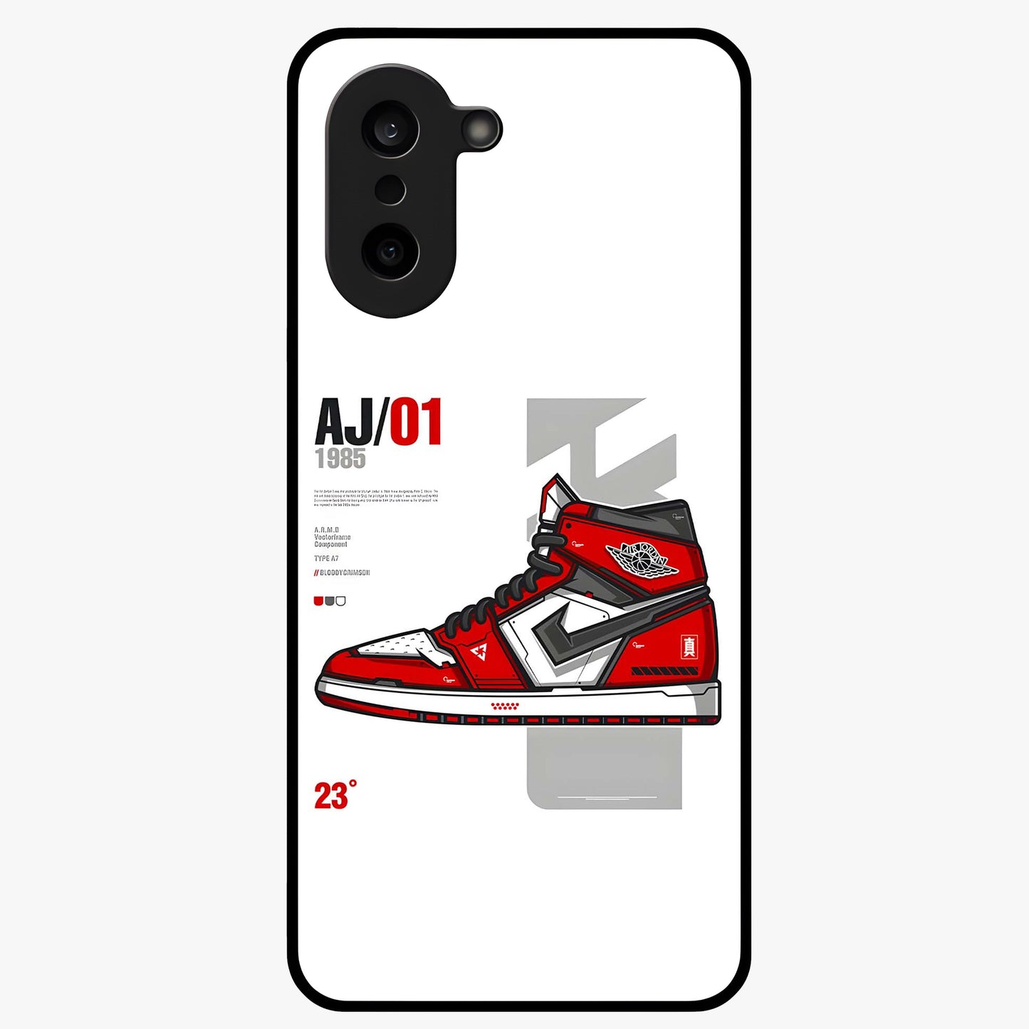 Retro Sneaker Blueprint Glass Case for 1+Nord CE 5 bold front view featuring sneaker blueprint style artwork