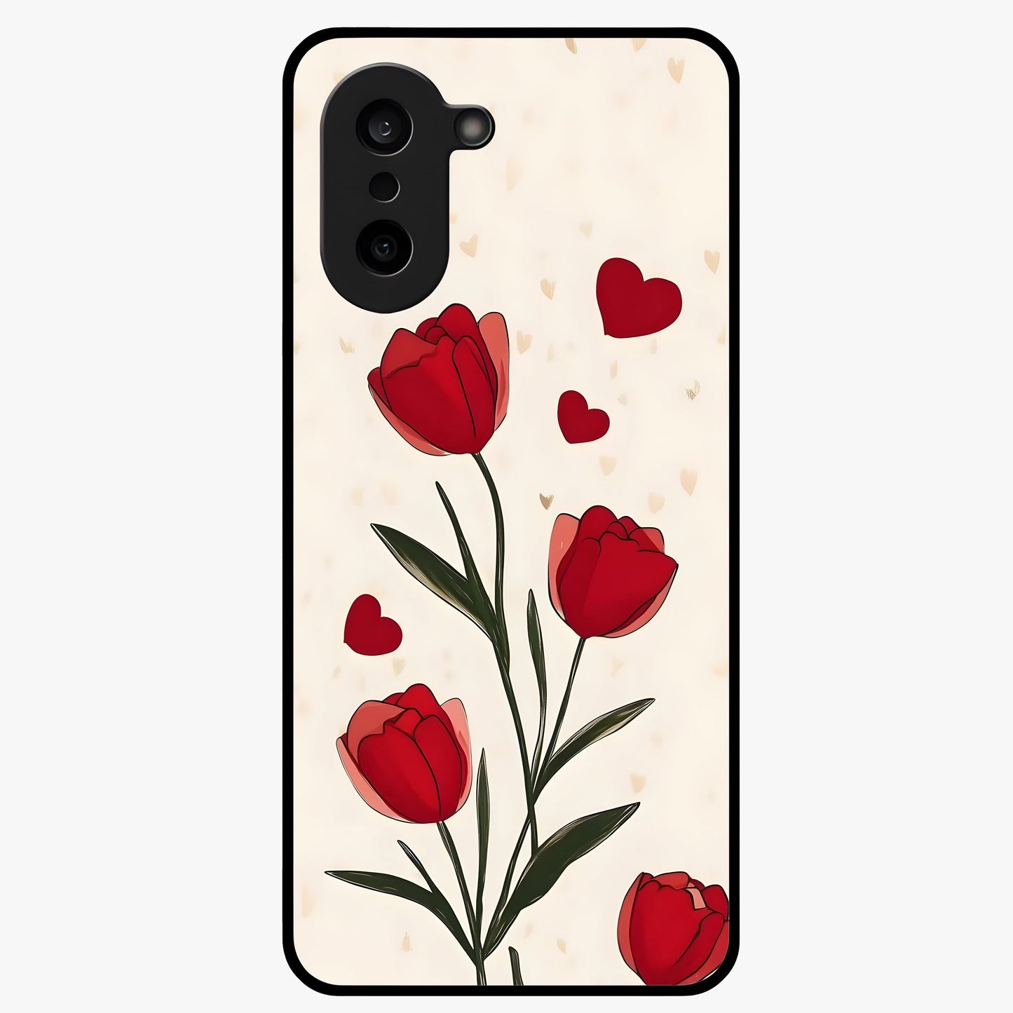 Romantic Tulip Hearts Glass Case for 1+Nord CE 5 sweet front view featuring tulip floral artwork with heart accents