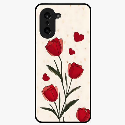 Romantic Tulip Hearts Glass Case for 1+Nord CE 5 sweet front view featuring tulip floral artwork with heart accents
