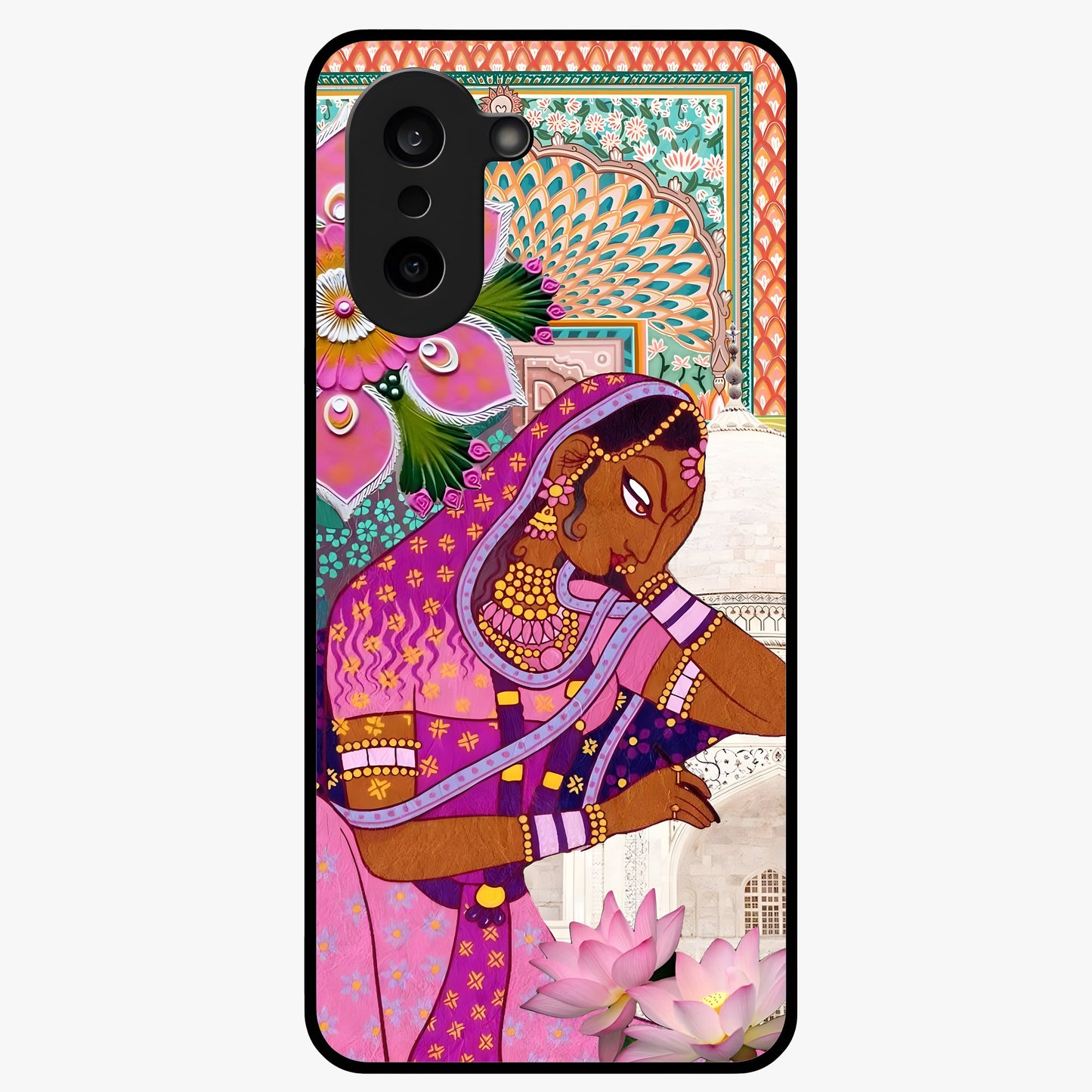 Royal Lotus Muse Glass Case for 1+Nord Ce 5 graceful front view featuring lotus artwork with regal detailing