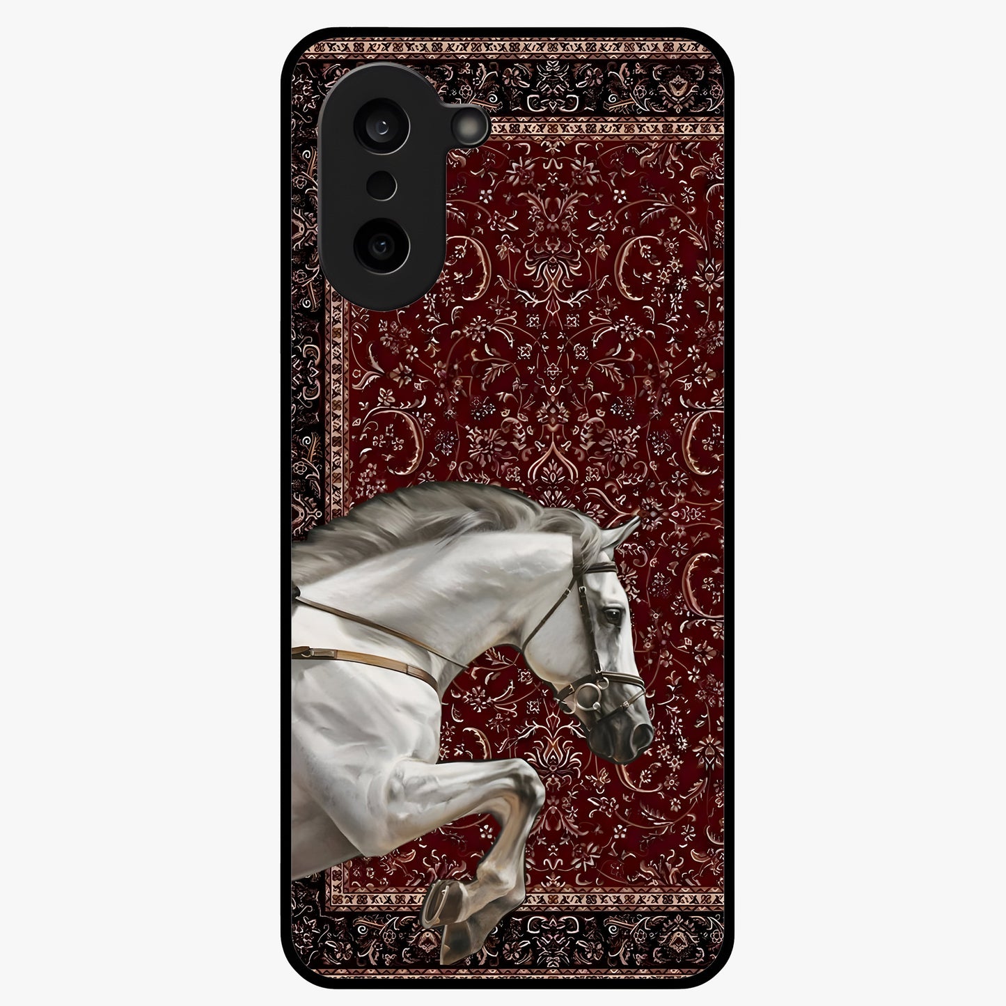 Royal Ride Rug Glass Case for 1+Nord Ce 5 bold front view featuring intricate rug inspired artwork with riding theme