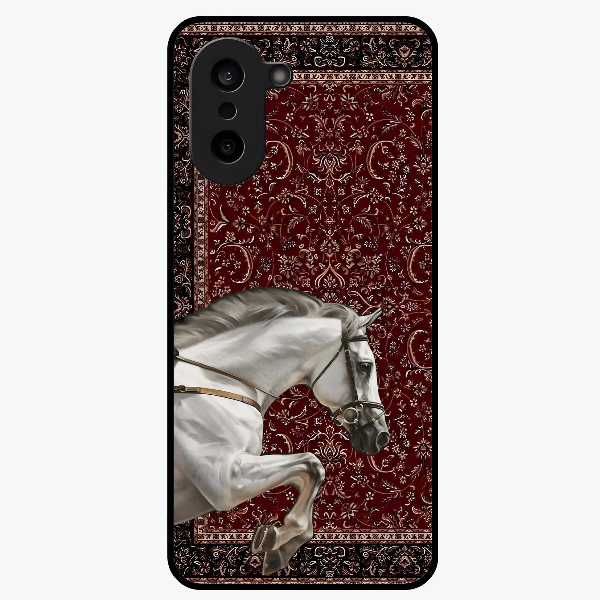 Royal Ride Rug Glass Case for 1+Nord Ce 5 bold front view featuring intricate rug inspired artwork with riding theme
