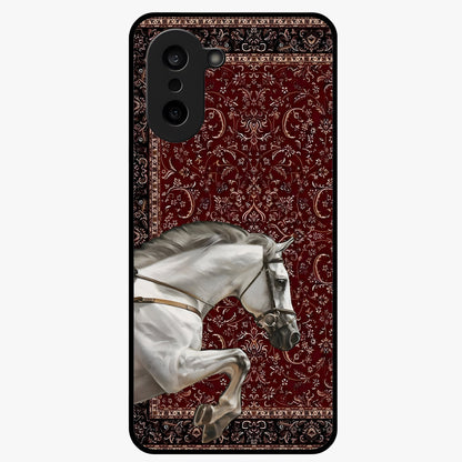 Royal Ride Rug Glass Case for 1+Nord Ce 5 bold front view featuring intricate rug inspired artwork with riding theme