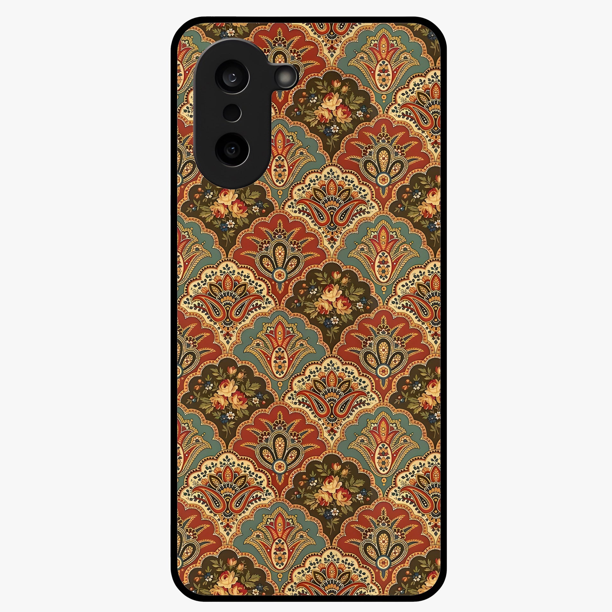 Royal Threadwork Glass Case for 1+Nord CE 5 elegant front view featuring embroidered threadwork inspired artwork
