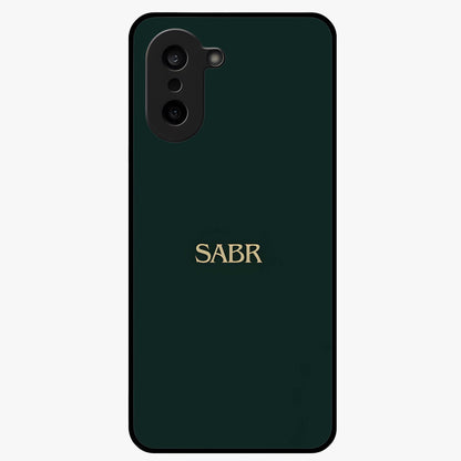 Sabr Minimal Patience Glass Case for 1+Nord CE 5 clean front view featuring minimalist typography artwork