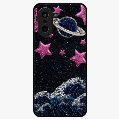 Saturn Pink Storm Glass Case for 1+Nord CE 5 bold front view featuring cosmic Saturn artwork in vibrant pink tones