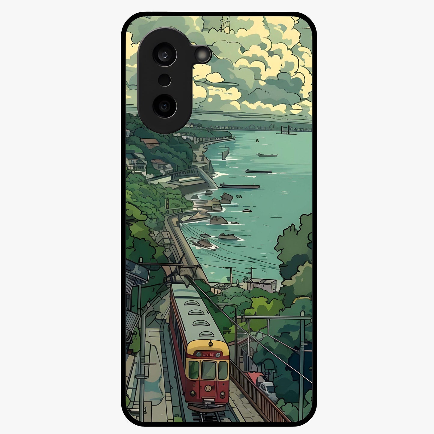 Seaside Train Ride Glass Case for 1+Nord Ce 5 scenic front view featuring coastal train landscape artwork