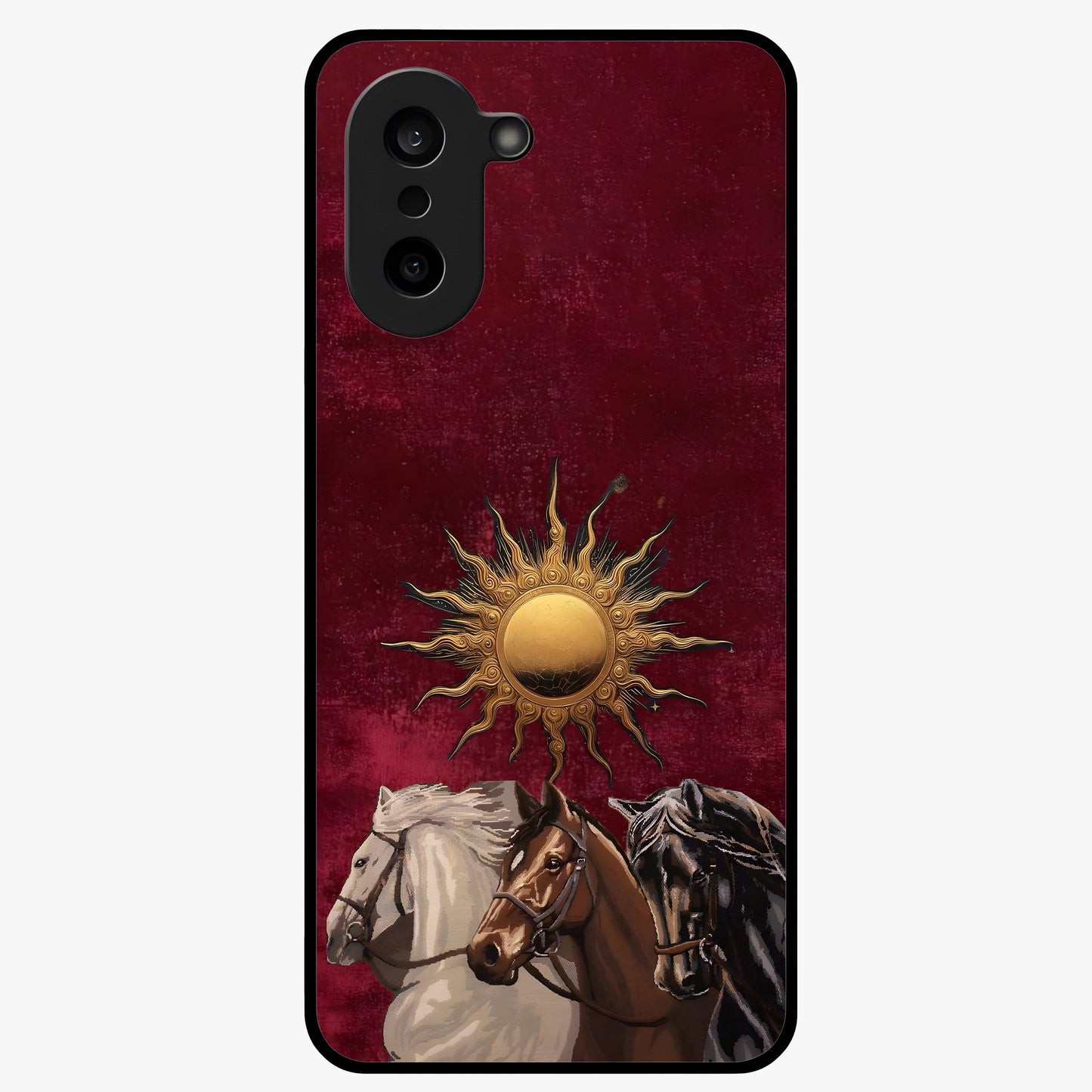 Solar Riders Glass Case for 1+Nord Ce 5 dynamic front view featuring bold rider inspired artwork with solar tones