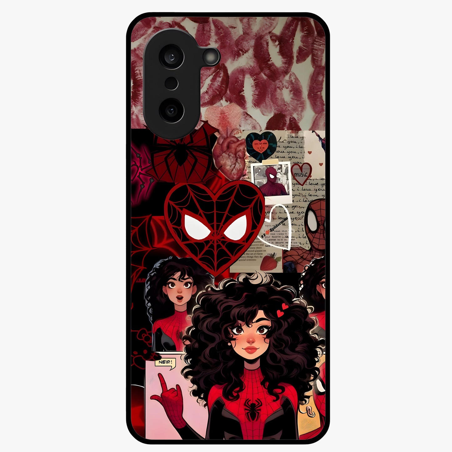 Spider Love Story Glass Case for 1+Nord CE 5 bold front view featuring superhero inspired romantic artwork