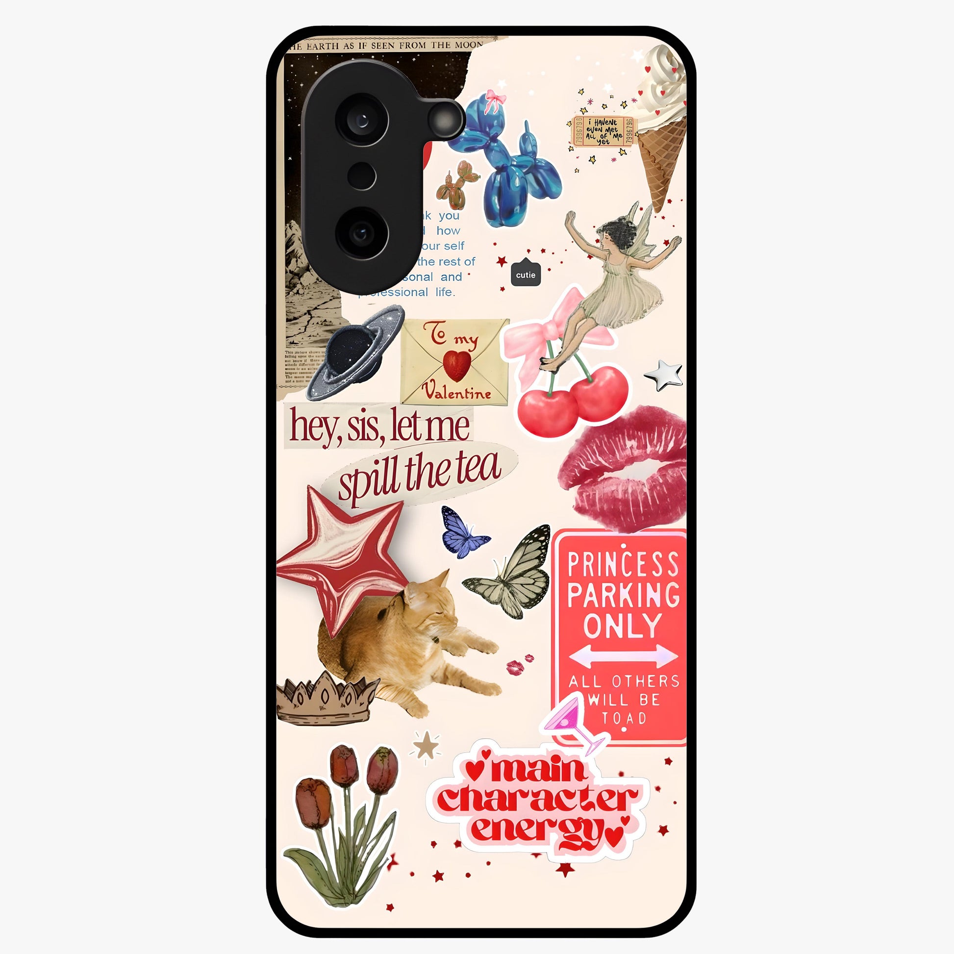 Spill the Tea Retro Collage Glass Case for 1+Nord CE 5 playful front view featuring vintage style collage artwork