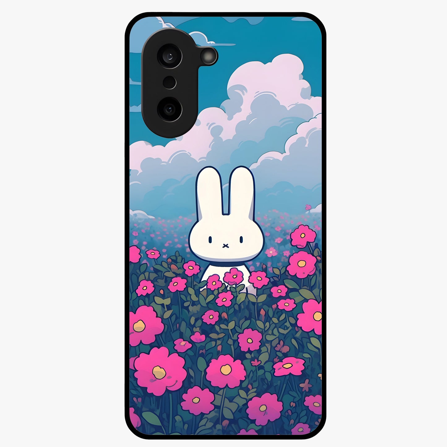 Springtime Blossom Bunny Glass Case for 1+Nord CE 5 adorable front view featuring bunny artwork with spring floral accents
