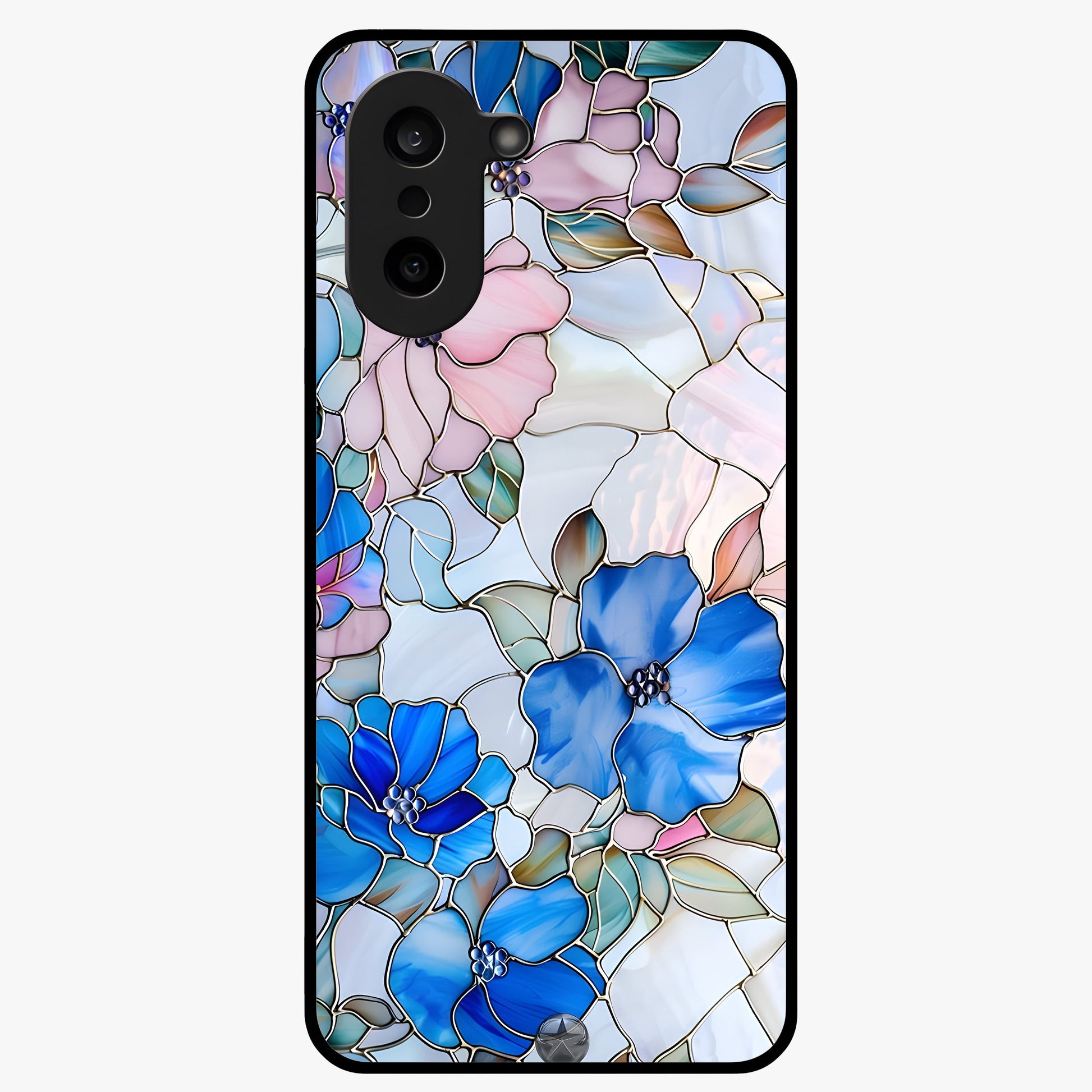 Stained Blue Floral Glass Case for 1+Nord Ce 5 elegant front view featuring blue stained glass inspired floral artwork