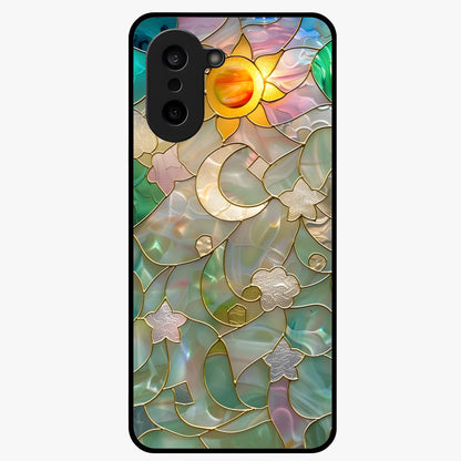 Stained Sunrise Glow Glass Case for 1+Nord CE 5 radiant front view featuring sunrise inspired stained glass artwork