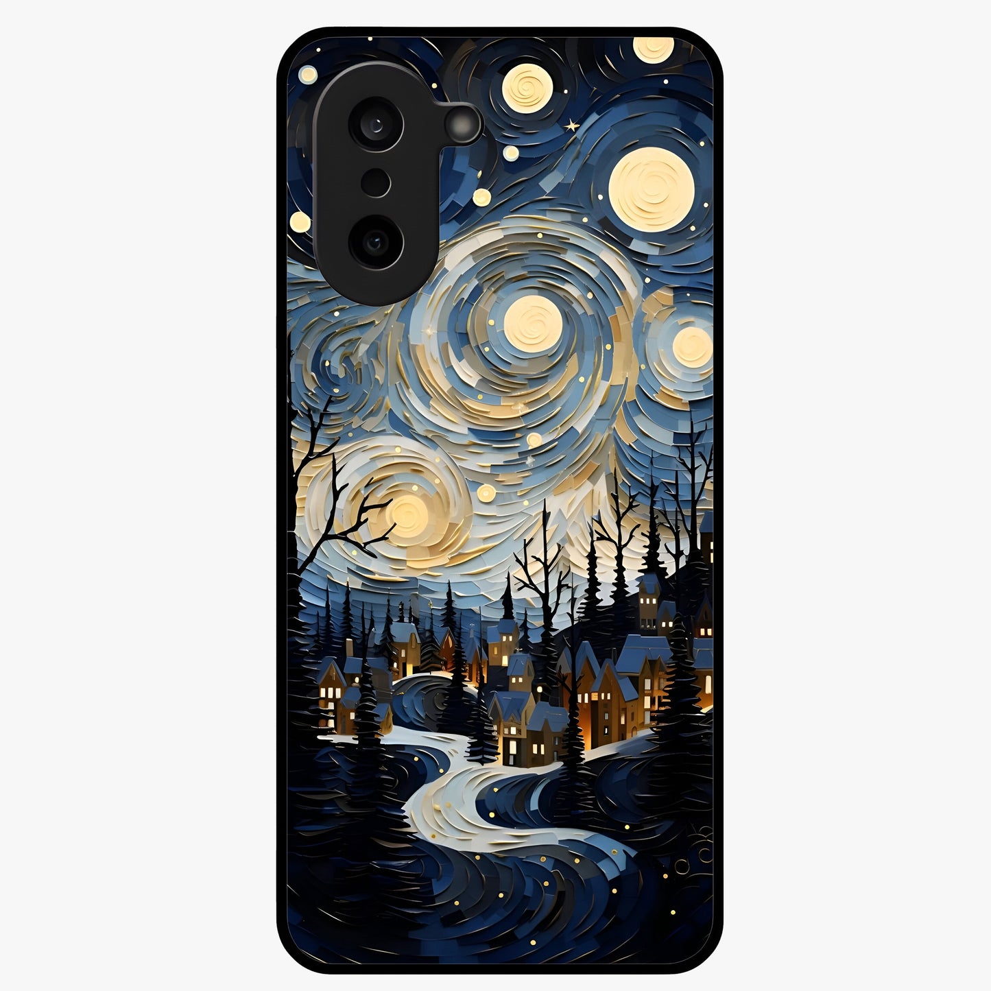 Starry Winter Town Glass Case for 1+Nord CE 5 scenic front view featuring snowy town artwork under sparkling night sky