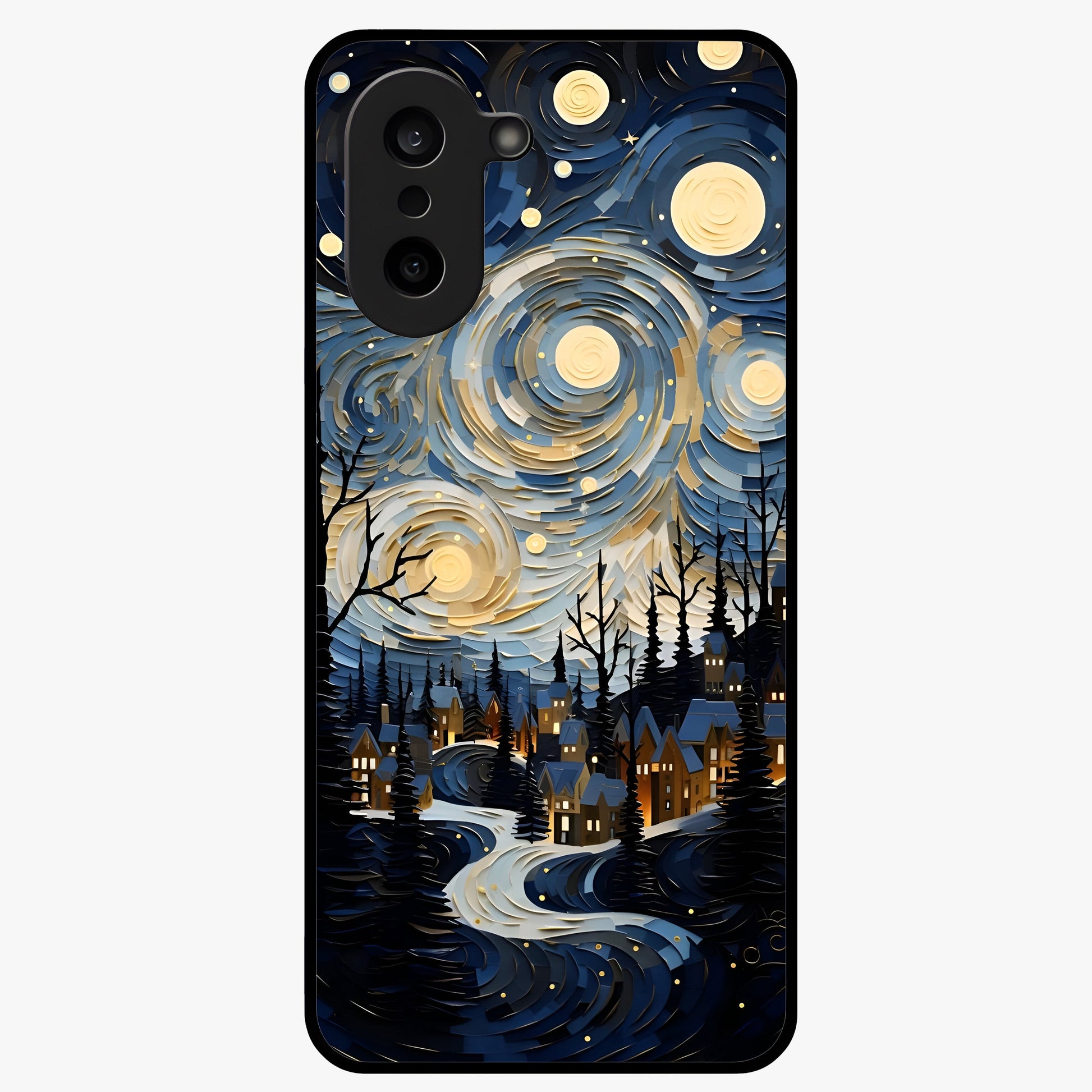 Starry Winter Town Glass Case for 1+Nord CE 5 scenic front view featuring snowy town artwork under sparkling night sky
