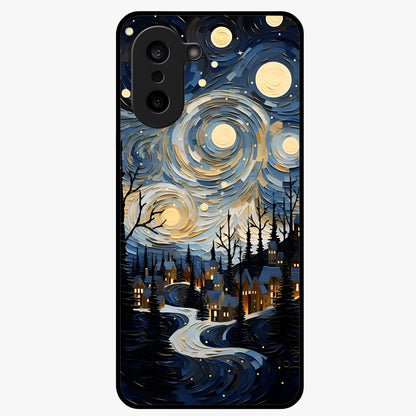 Starry Winter Town Glass Case for 1+Nord CE 5 scenic front view featuring snowy town artwork under sparkling night sky