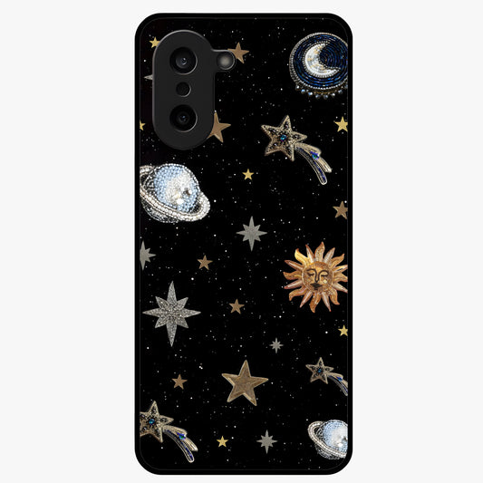Stars and Planets Brooches Glass Case for 1+Nord Ce 5 elegant front view featuring celestial jewelry inspired artwork