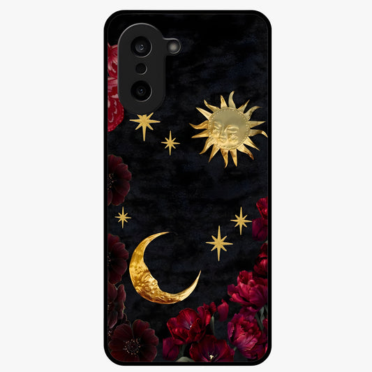 Sun Moon Flowers Glass Case for 1+Nord CE 5 artistic front view featuring floral artwork with sun and moon accents