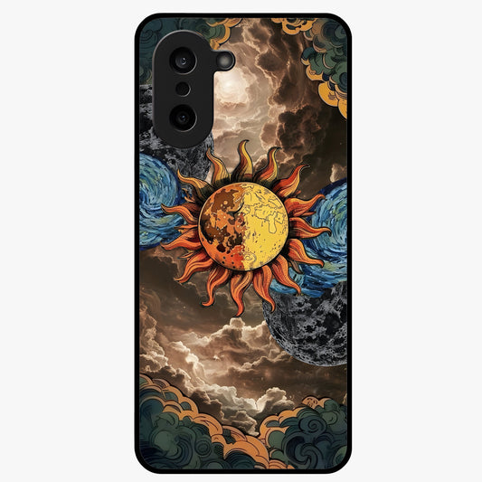 Sun Moon Stormy Sky Glass Case for 1+Nord Ce 5 dramatic front view featuring sun and moon artwork over stormy sky