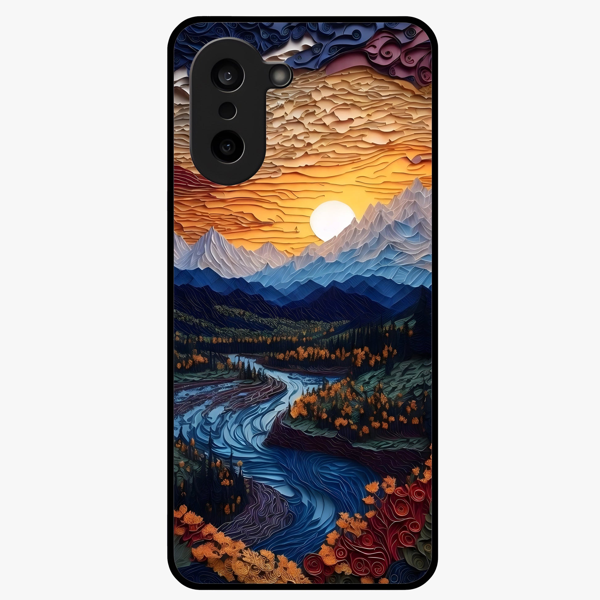 Sunrise River Dreams Glass Case for 1+Nord CE 5 scenic front view featuring river landscape under glowing sunrise sky
