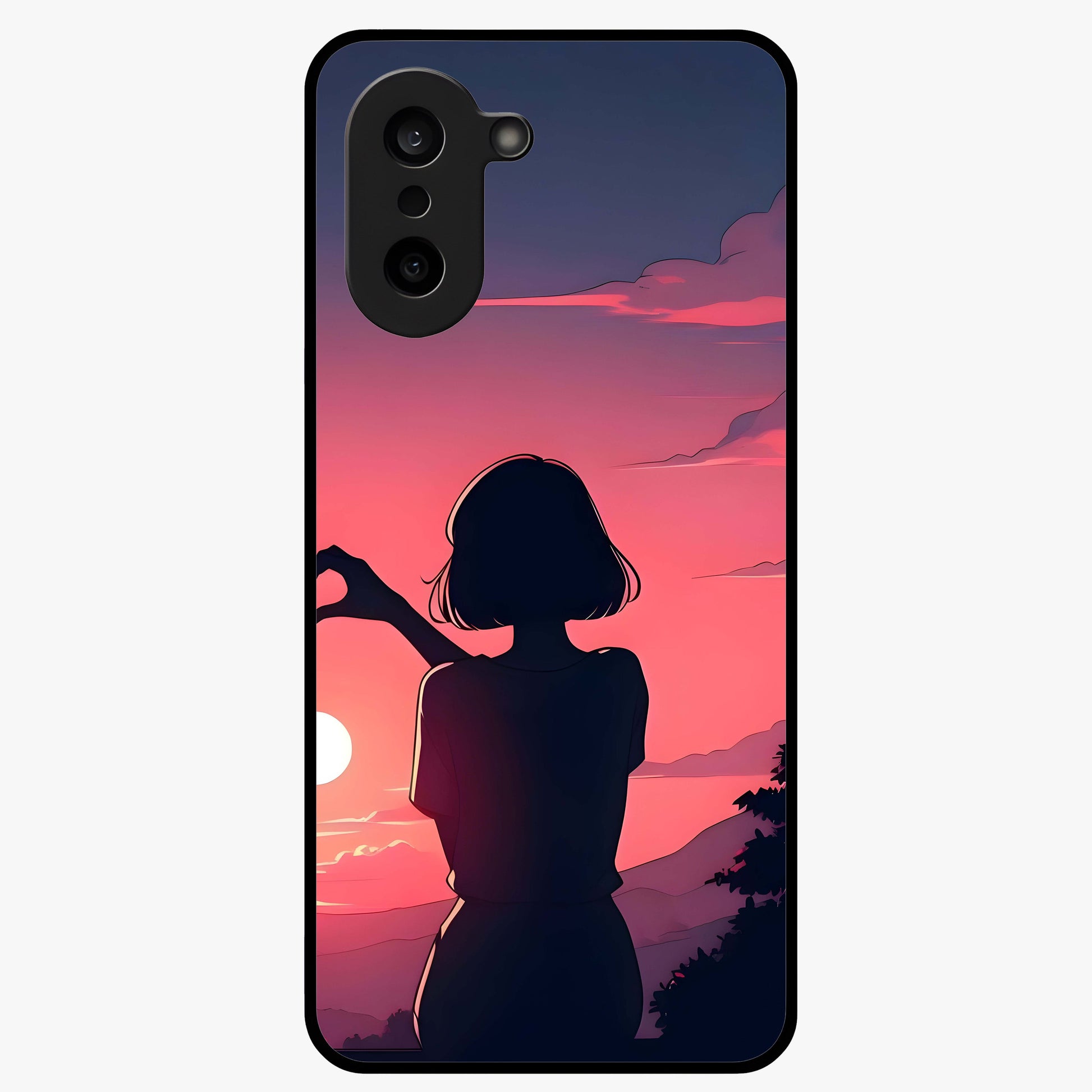 Sunset Silhouette Boy Glass Case for 1+Nord CE 5 artistic front view featuring boy silhouette against warm sunset backdrop