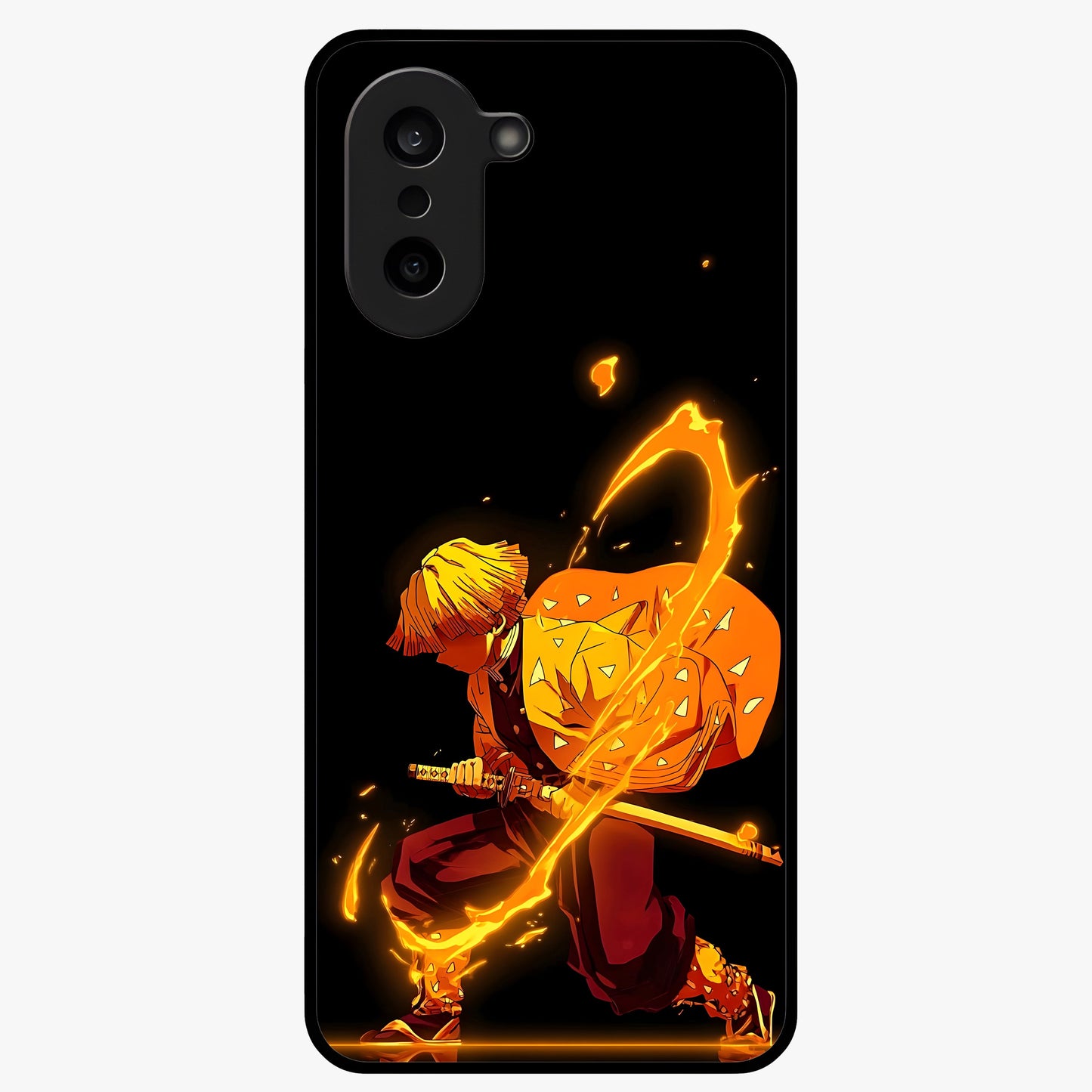 Thunder Flame Execution Glass Case for 1+Nord Ce 5 intense front view featuring lightning and flame inspired artwork